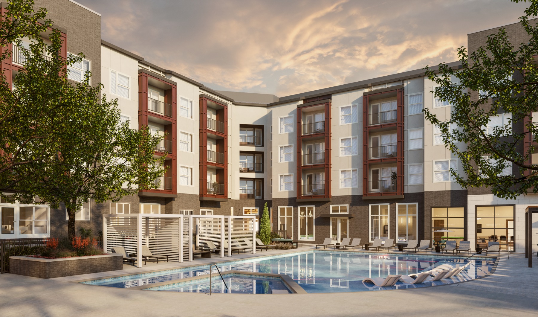 a swimming pool in front of a building