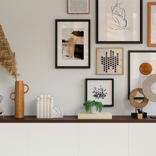 a table with art above it