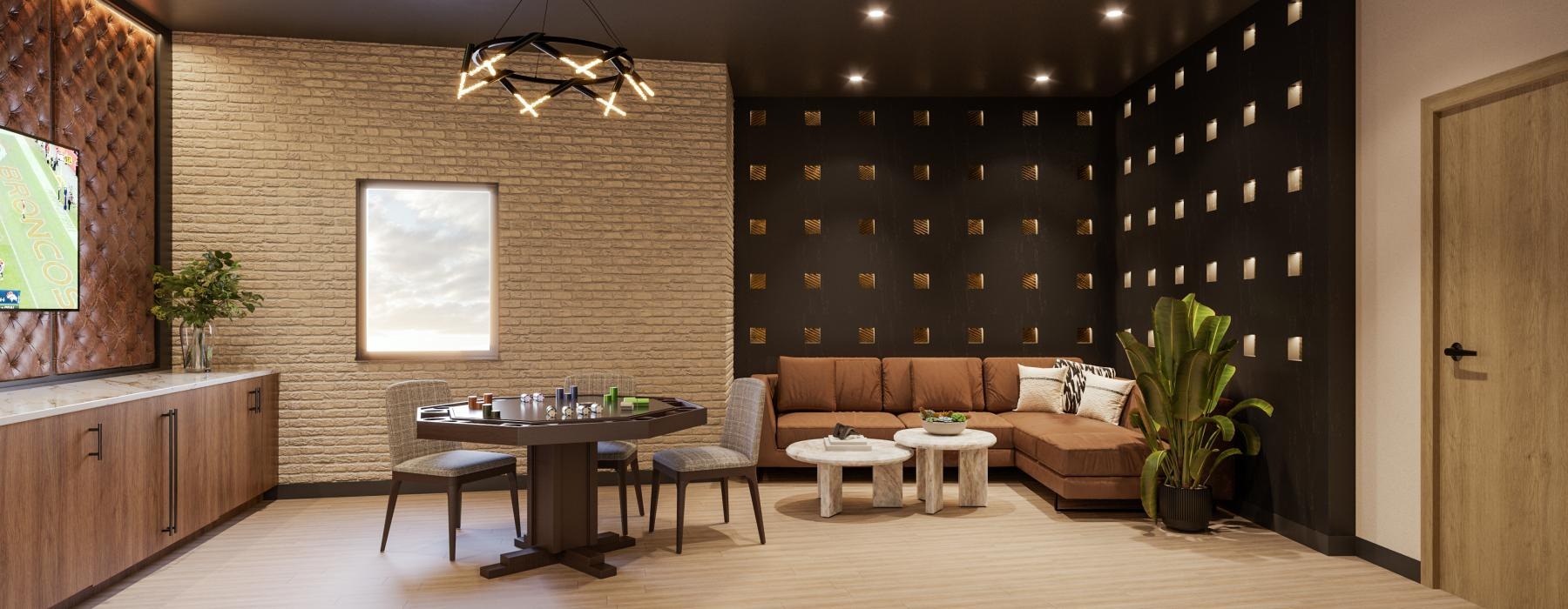 a room with a couch and a table