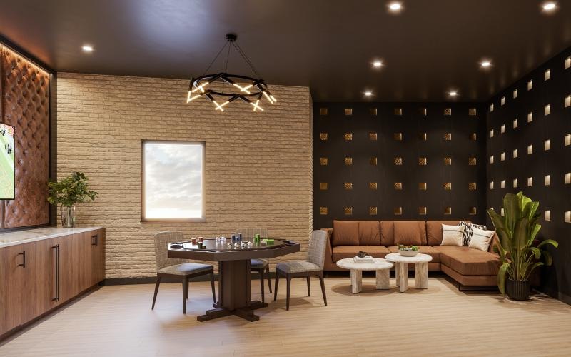 a room with a couch and a table