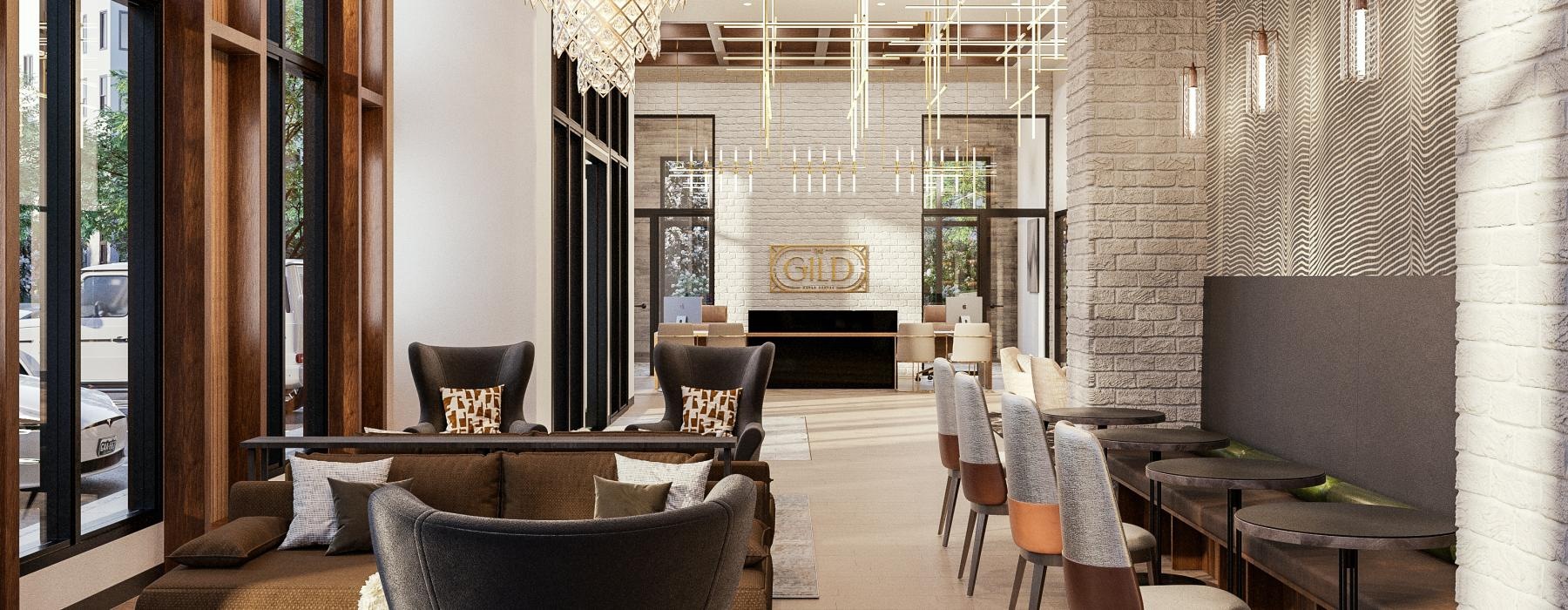 a room with a chandelier and chairs