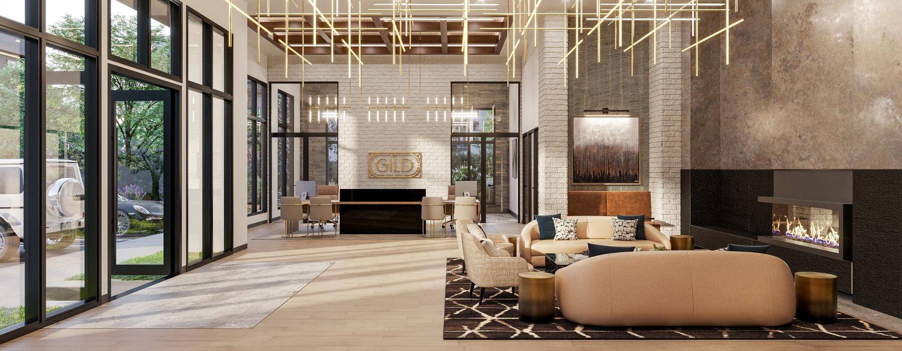 a spacious room with a fireplace and tall windows