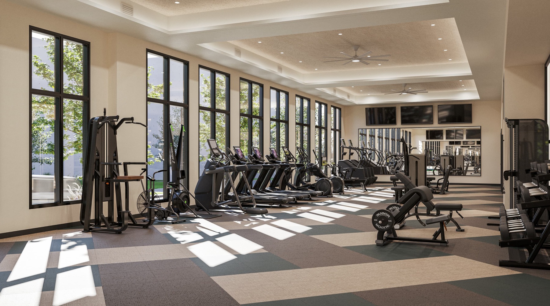 fitness area with treadmills and ceiling lighting